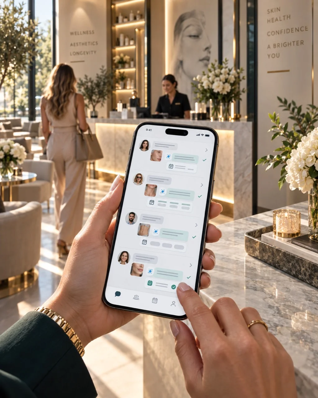 Teléfono mostrando conversaciones que avanzan hacia citas en un negocio de servicios
