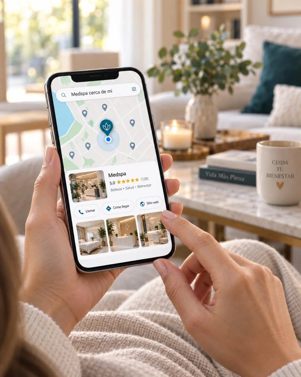 Teléfono mostrando la ubicación y ficha de un negocio de bienestar local